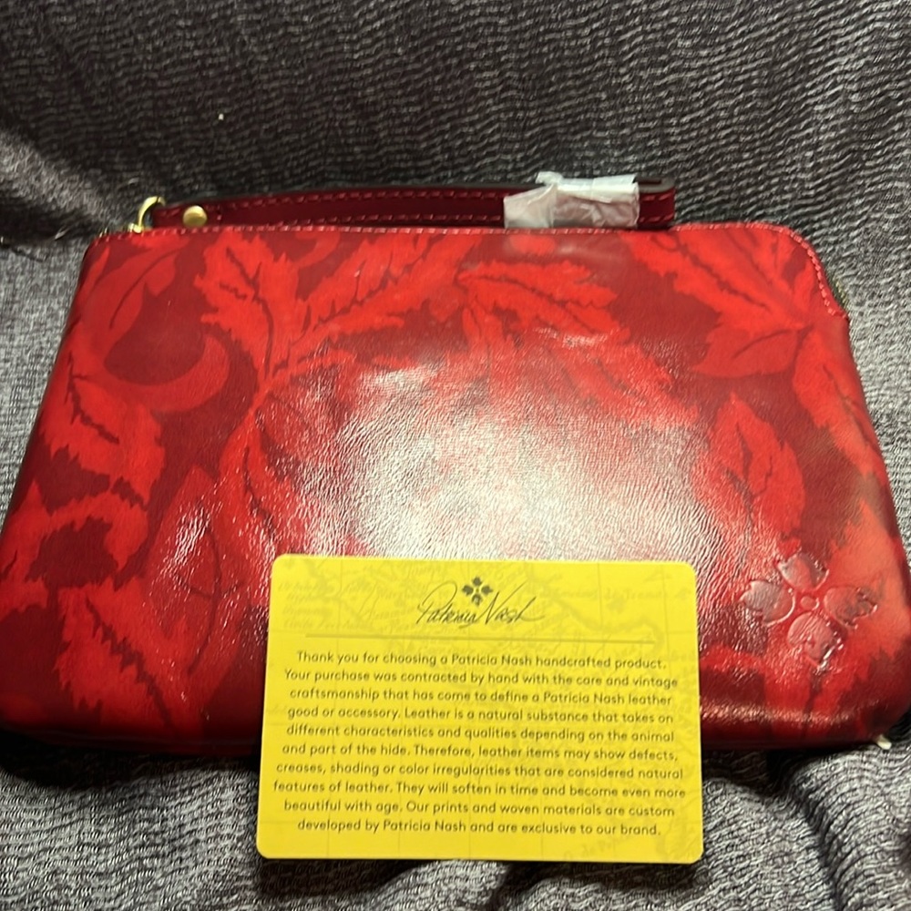 Patricia Nash Red Cassini Satin Leaves Leather Wristlet Handbag